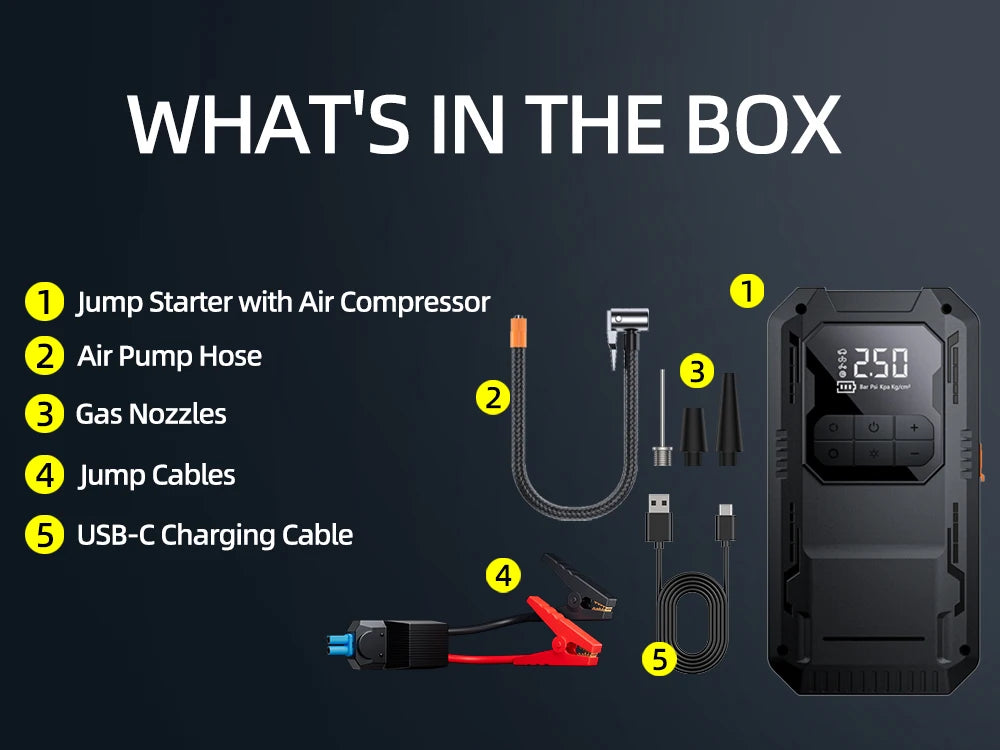 4-IN-1 Car Jump Starter with Air Compressor Car Auto Battery Booster Device150PSI Air Pump Portable Power Bank Tire Inflator