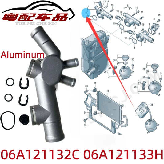 Aluminum 06A121132C 06A121133H Suitable for Imported Volkswagen Beetle Convertible Models, Engine 2.0 Coolant Water Tank Upper Water Pipe Base Outlet Flange Assembly Quick Connector 06A 121 132 C 06A 121 133 H