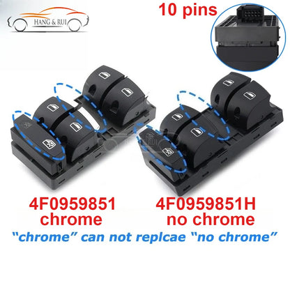 4F0959851 4F0959851H 4F0959851G5PR 4F0959851J For Audi A3 8p S3 A6 S6 RS6 Q7 Car Chrome Power Window Control Switch 10 Pins Red